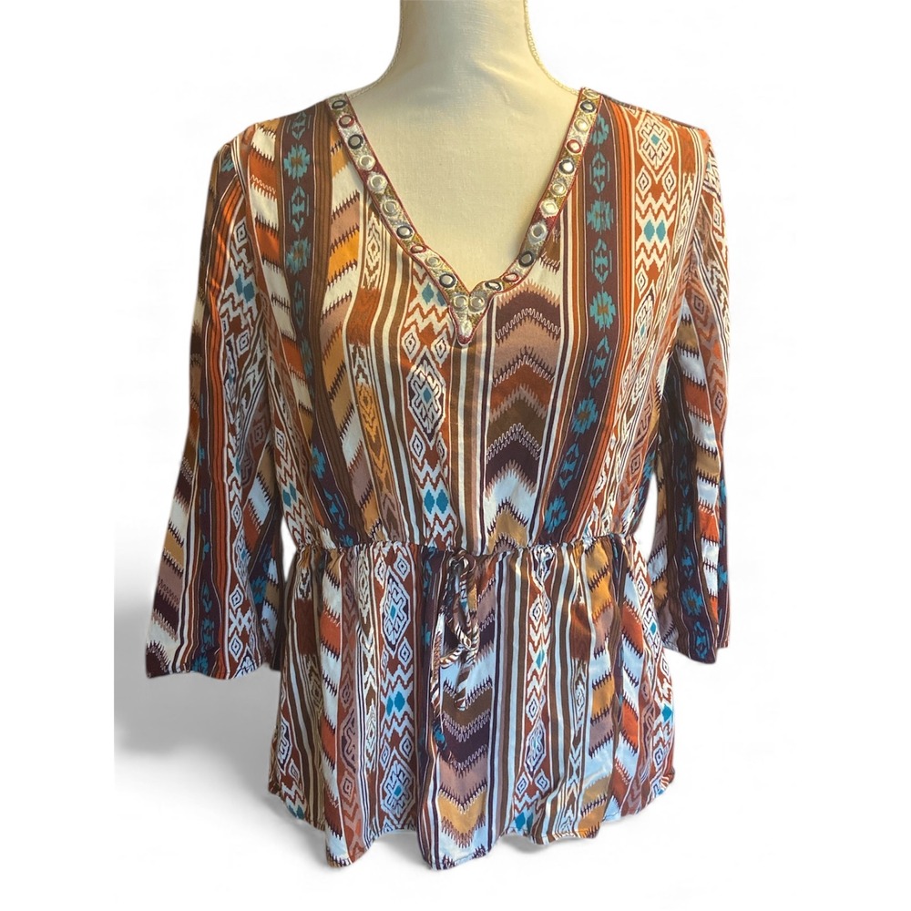 Cato Women's Boho Tribal Print Peplum Blouse Size L 3/4 Sleeve Drawstring Waist‎